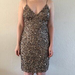 Adrianna Papell Sequin V Neck Spaghetti Strap Silk Mini Dress Bronze Size 2